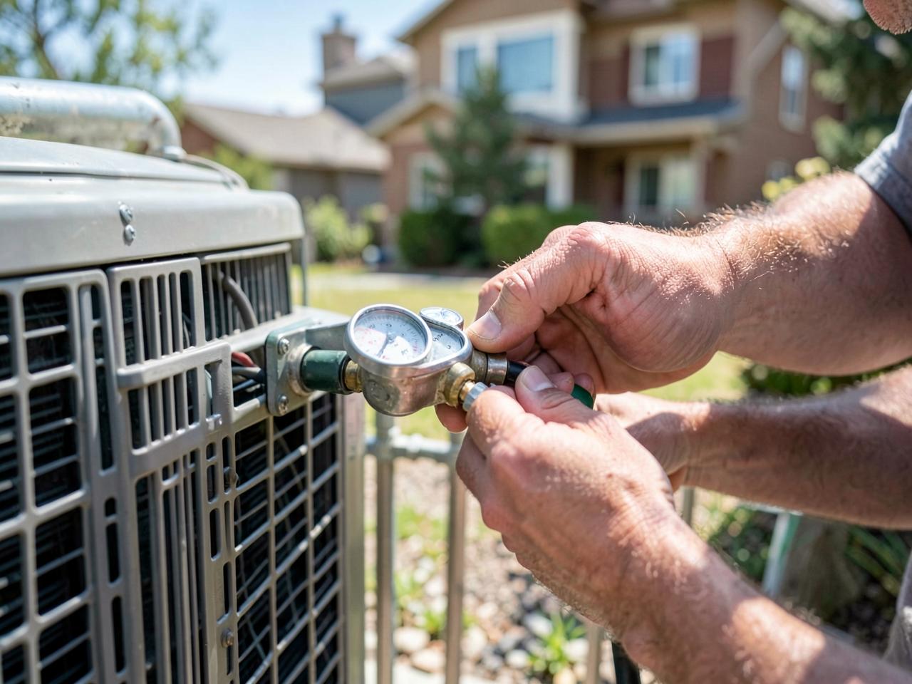 Installers setting a new outdoor air conditioner at a Colorado Springs home