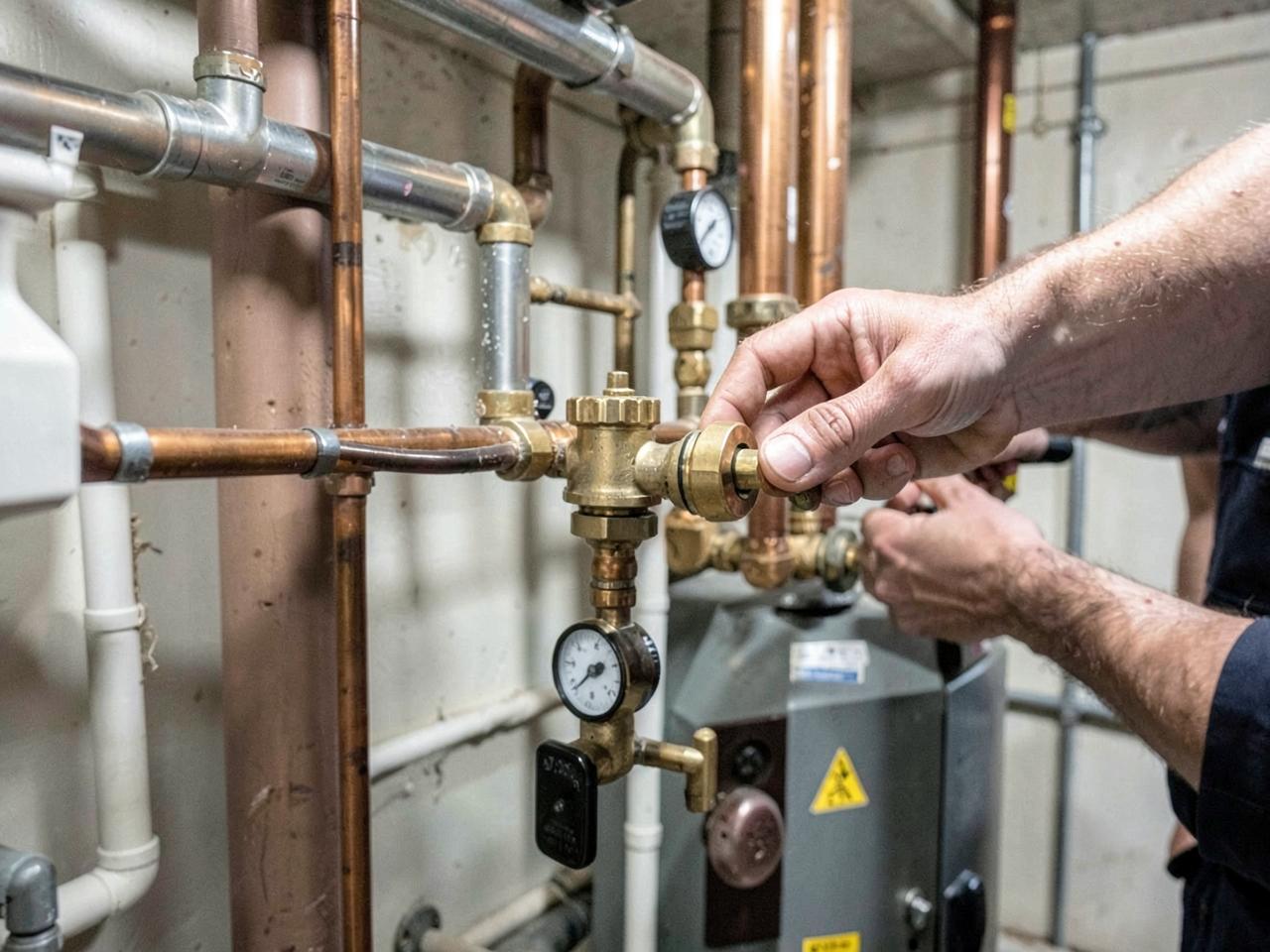 Copper piping, circulator pumps and pressure gauges on a residential boiler