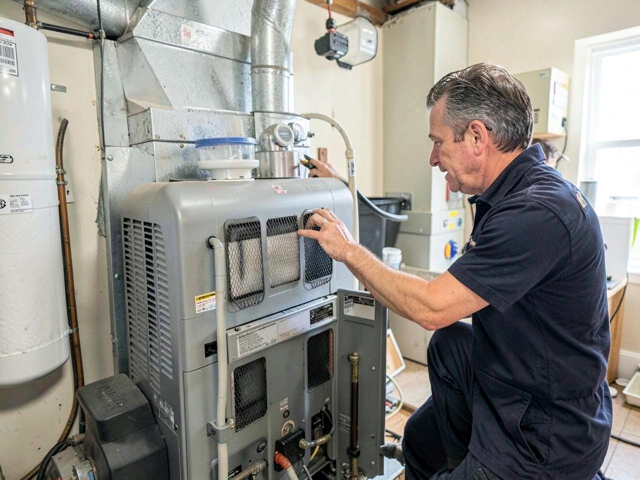 Technician installing a whole-home air cleaner on a furnace