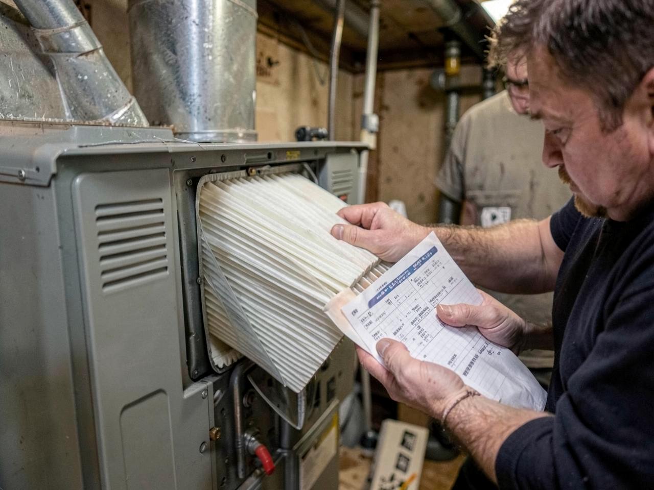 Technician replacing a furnace filter during a maintenance tune-up